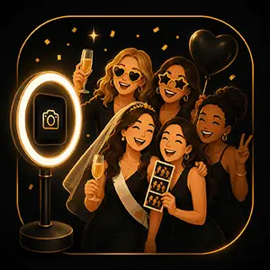 Groupe d'amies utilisant le photobooth lors d'un EVJF